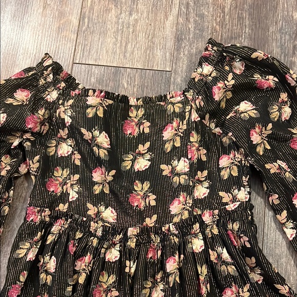 GAP Black and Gold Floral Square Neck Puff Sleeve Knee-Length Dress - Picture 3 of 10
